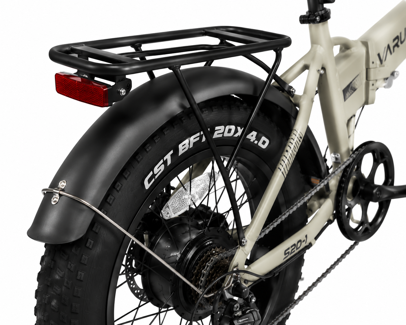 VARUN S20-1 rear rack, fat tire, and hub motor detail