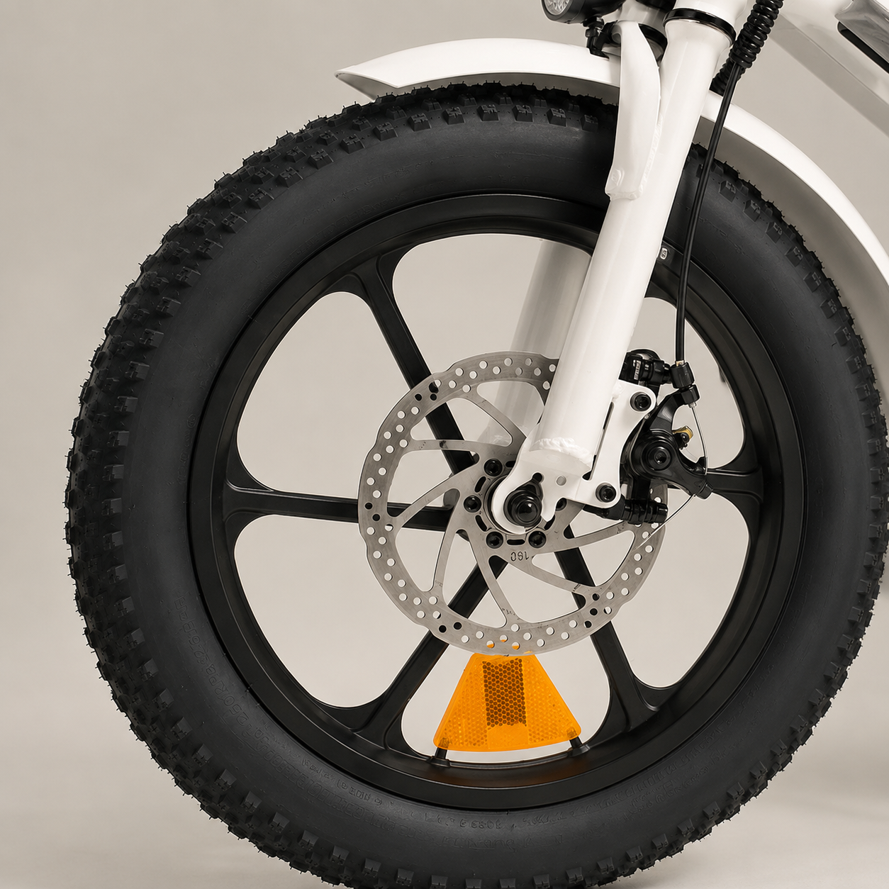 Front wheel, tire, and disc brake detail