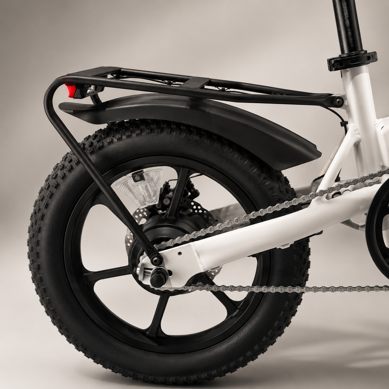 Rear wheel with fat tire, rack, and fender