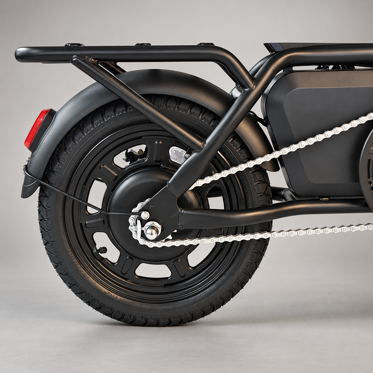 DYU Commuter Ebike rear wheel, chain, and rack