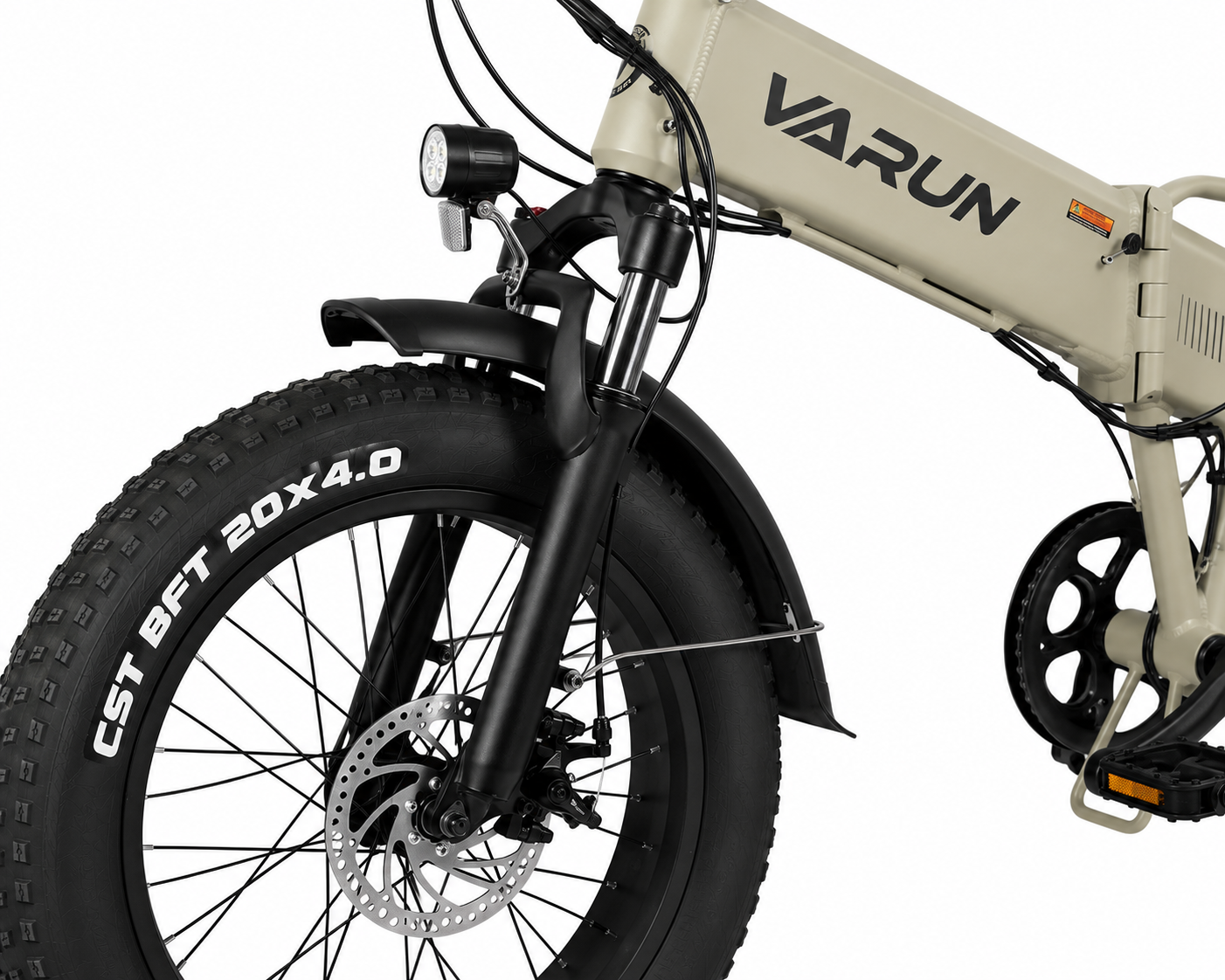 VARUN S20-1 front fat tire, disc brake, and fork detail